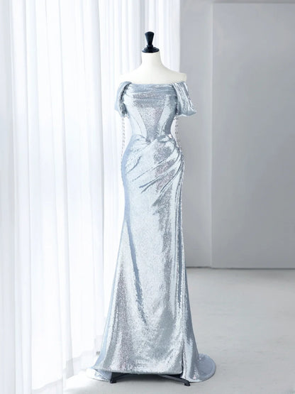 Robes de bal bleu clair Esthétique Robe de soirée sirène à paillettes épaules dénudées MP234