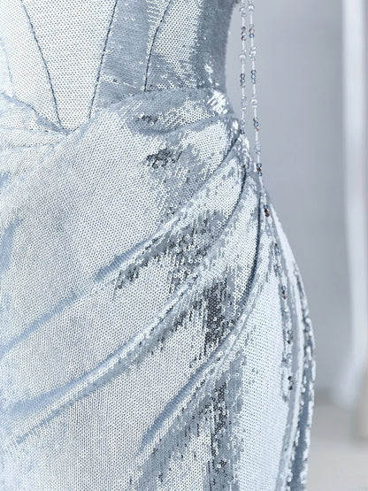 Robes de bal bleu clair Esthétique Robe de soirée sirène à paillettes épaules dénudées MP234