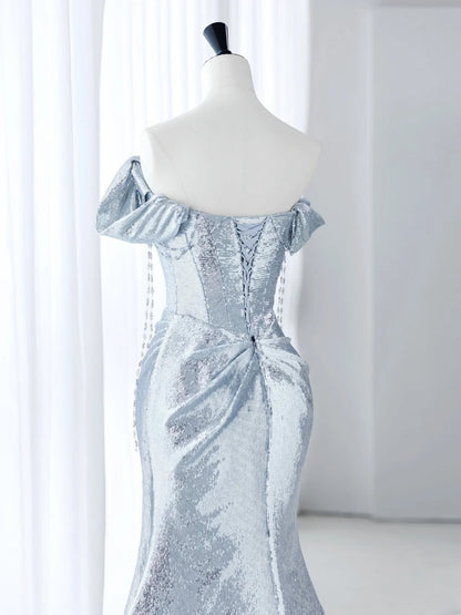 Robes de bal bleu clair Esthétique Robe de soirée sirène à paillettes épaules dénudées MP234