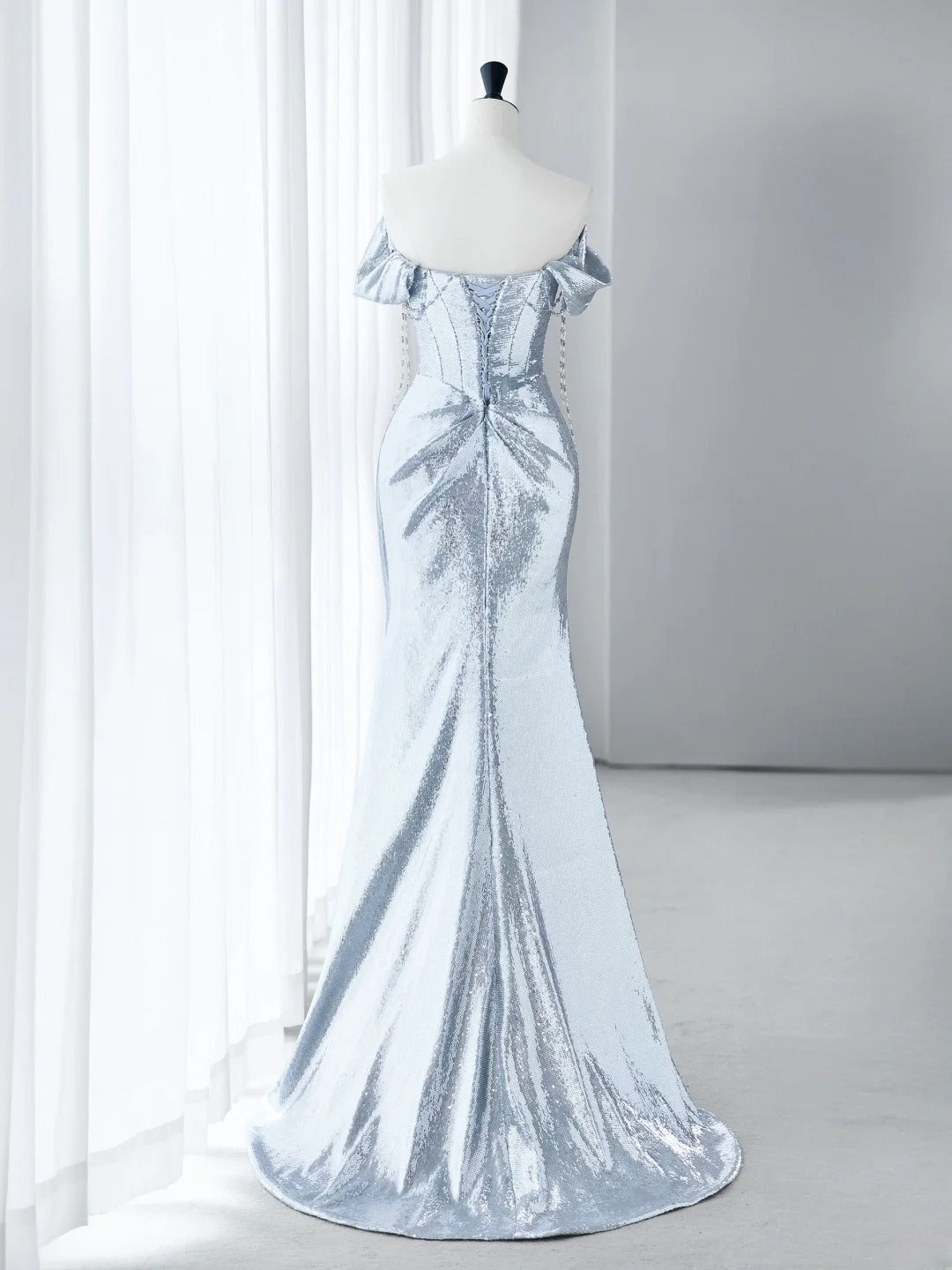 Robes de bal bleu clair Esthétique Robe de soirée sirène à paillettes épaules dénudées MP234