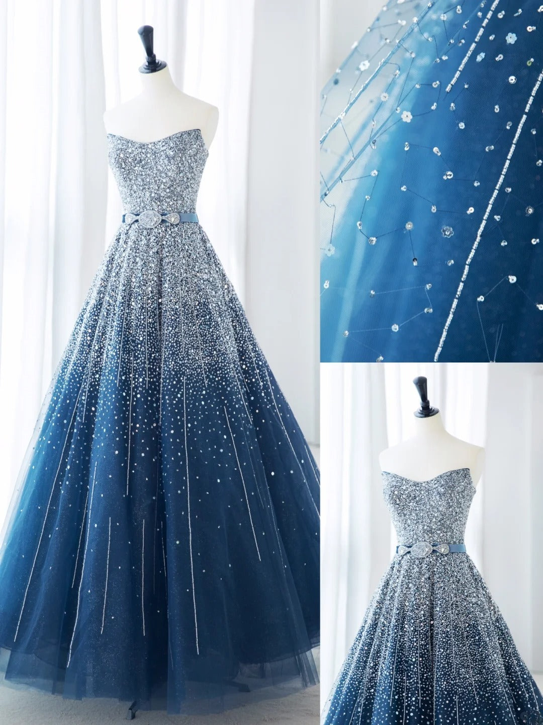 Beautiful Prom Dresses A-Line Strapless Sequins Beads Blue Formal Dress MP235