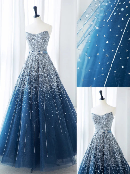 Beautiful Prom Dresses A-Line Strapless Sequins Beads Blue Formal Dress MP235