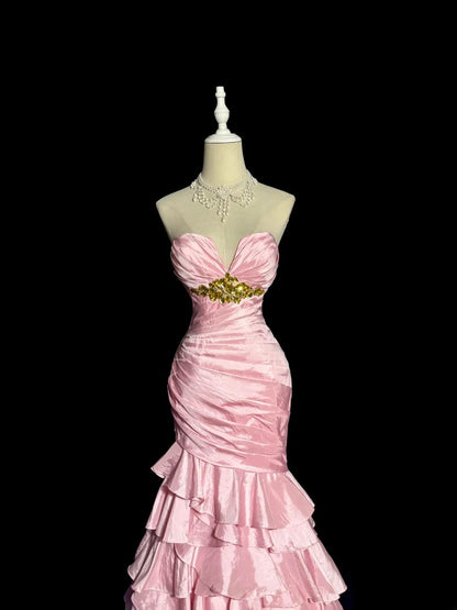 Longues Robes de Bal Vintage des Années 80 Rose Sirène Cœur Taffetas Robe de Soirée Formelle Robe de Remise des Diplômes MP370