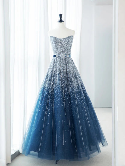 Beautiful Prom Dresses A-Line Strapless Sequins Beads Blue Formal Dress MP235