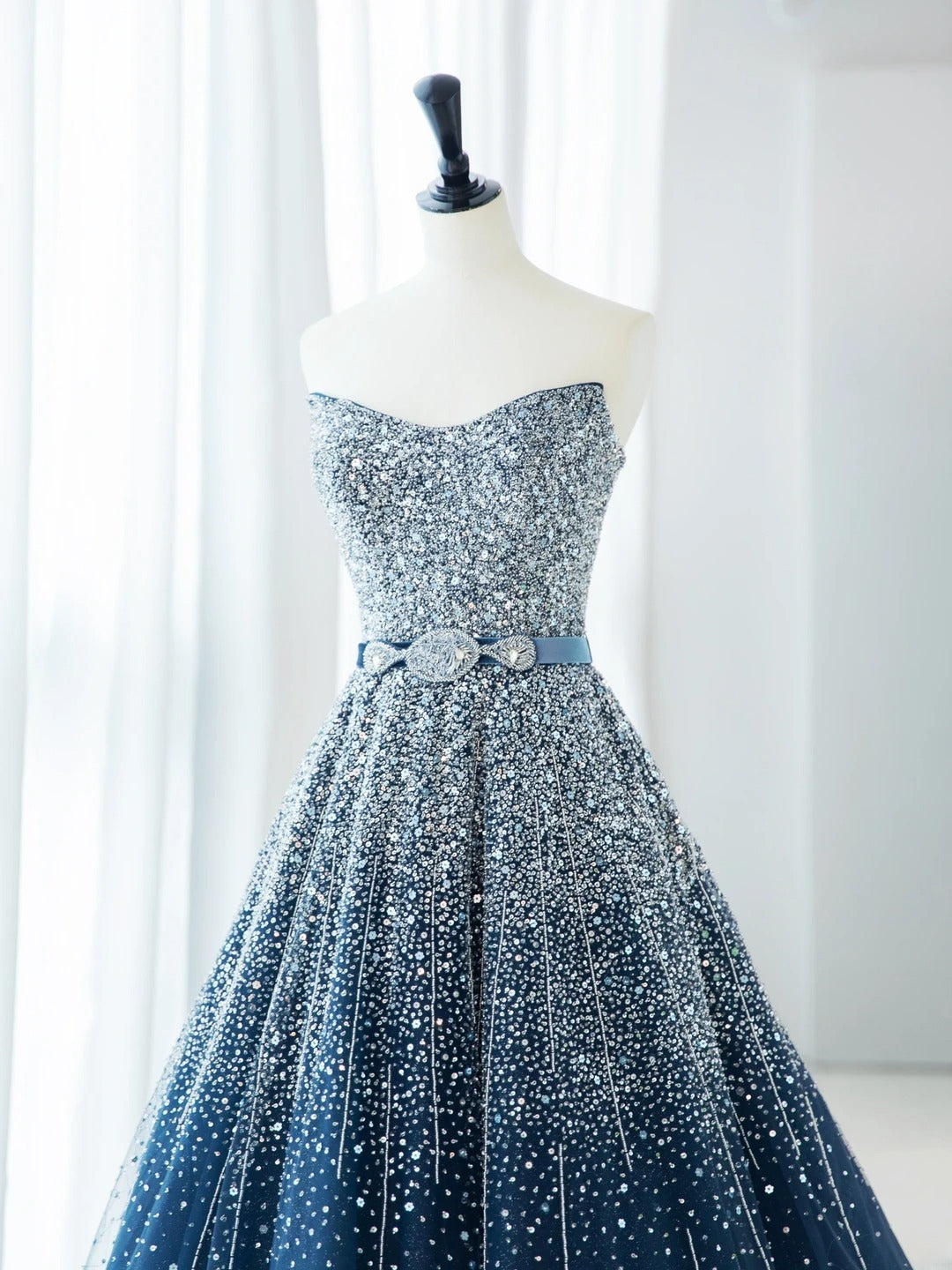 Beautiful Prom Dresses A-Line Strapless Sequins Beads Blue Formal Dress MP235