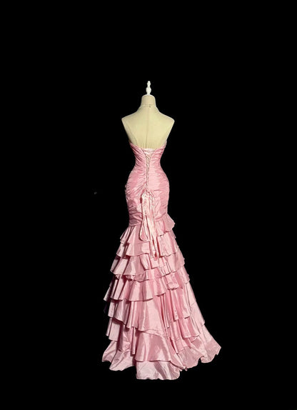 Longues Robes de Bal Vintage des Années 80 Rose Sirène Cœur Taffetas Robe de Soirée Formelle Robe de Remise des Diplômes MP370