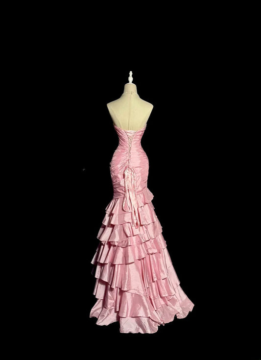 Vintage Long 80s Prom Dresses Pink Mermaid Sweetheart Taffeta Formal Dress Graduation Gown MP370