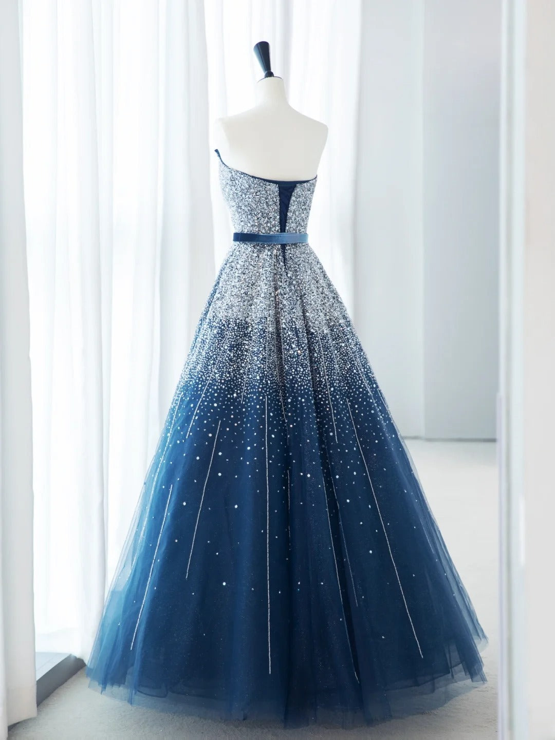Beautiful Prom Dresses A-Line Strapless Sequins Beads Blue Formal Dress MP235