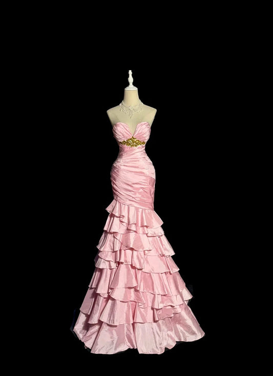 Vintage Long 80s Prom Dresses Pink Mermaid Sweetheart Taffeta Formal Dress Graduation Gown MP370