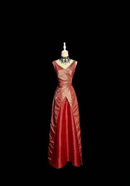 Robes de bal longues élégantes A-line en satin rouge avec perles col en V robe de soirée robe de graduation MP371