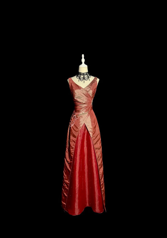 Elegant Long Prom Dresses A Line Rest Red Satin With Beading V Neck Formal Dress Graduation Gown MP371