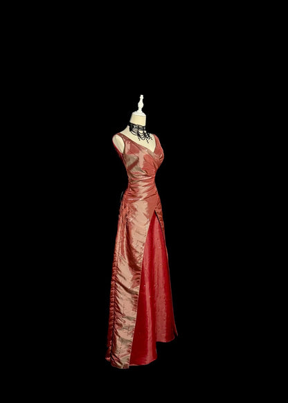 Robes de bal longues élégantes A-line en satin rouge avec perles col en V robe de soirée robe de graduation MP371
