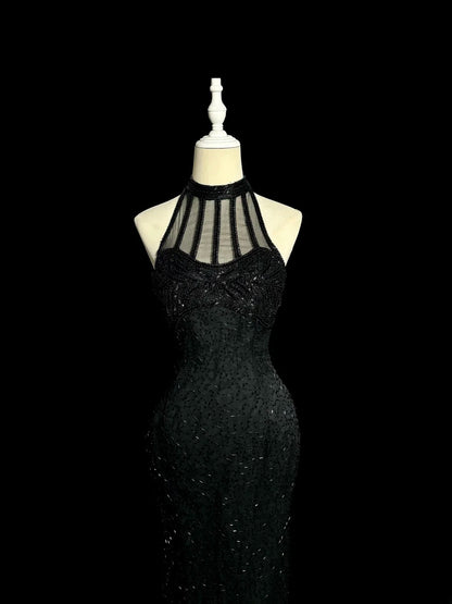 Robes de bal vintage longues années 80, robe de soirée sirène noire à col montant, robe de gala MP372