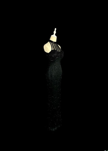 Robes de bal vintage longues années 80, robe de soirée sirène noire à col montant, robe de gala MP372