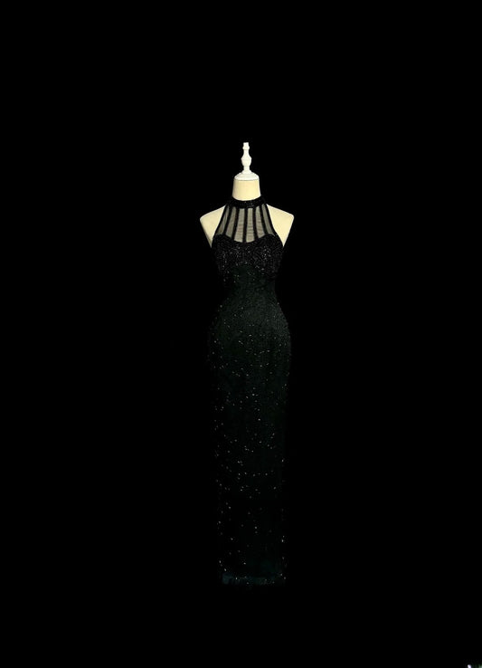 Vintage Long 80s Prom Dresses Black Mermaid High Neck Formal Dress Graduation Gown MP372