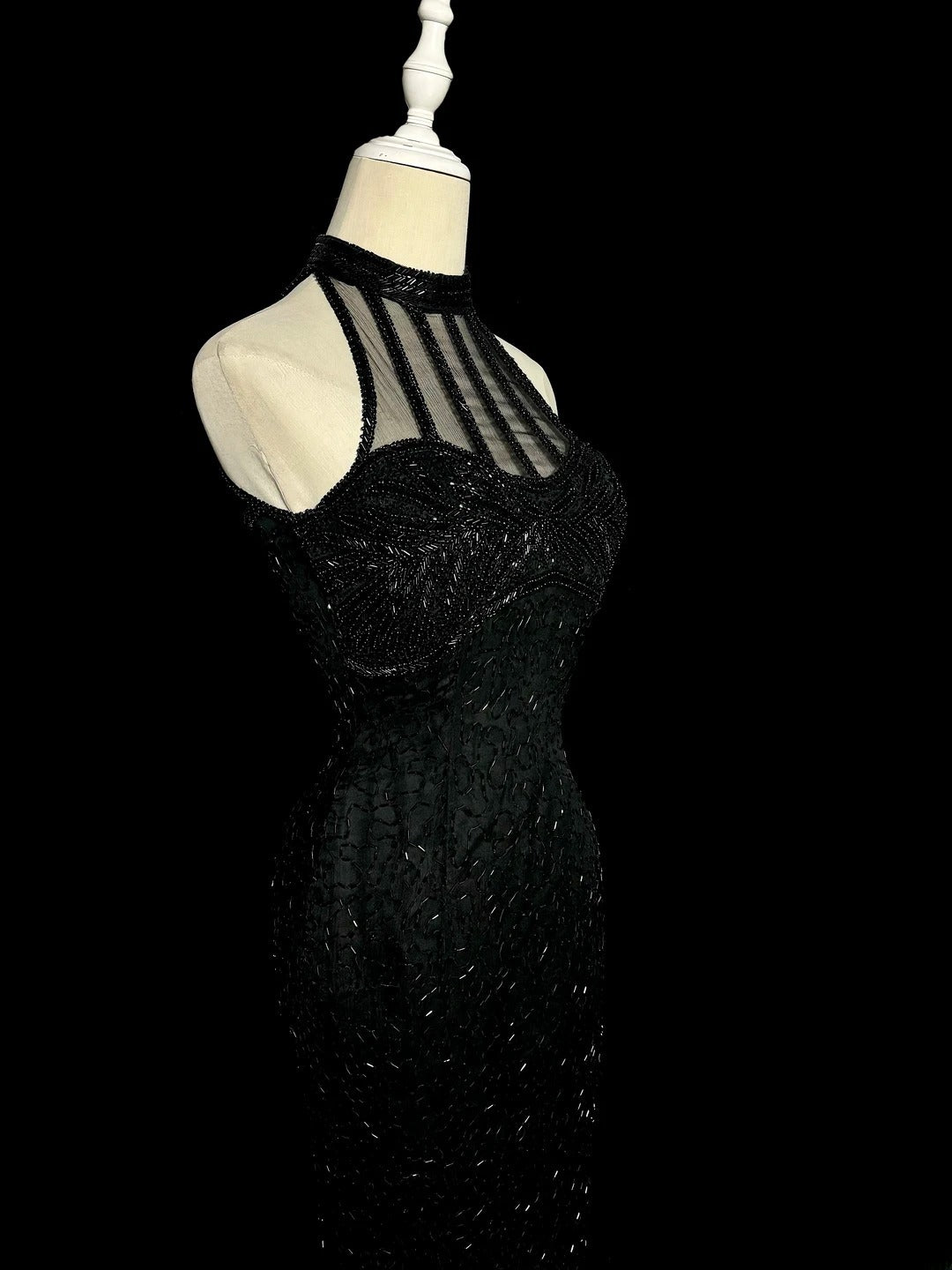Robes de bal vintage longues années 80, robe de soirée sirène noire à col montant, robe de gala MP372