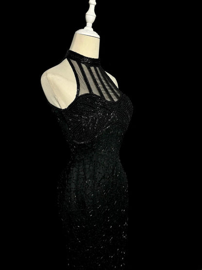 Robes de bal vintage longues années 80, robe de soirée sirène noire à col montant, robe de gala MP372