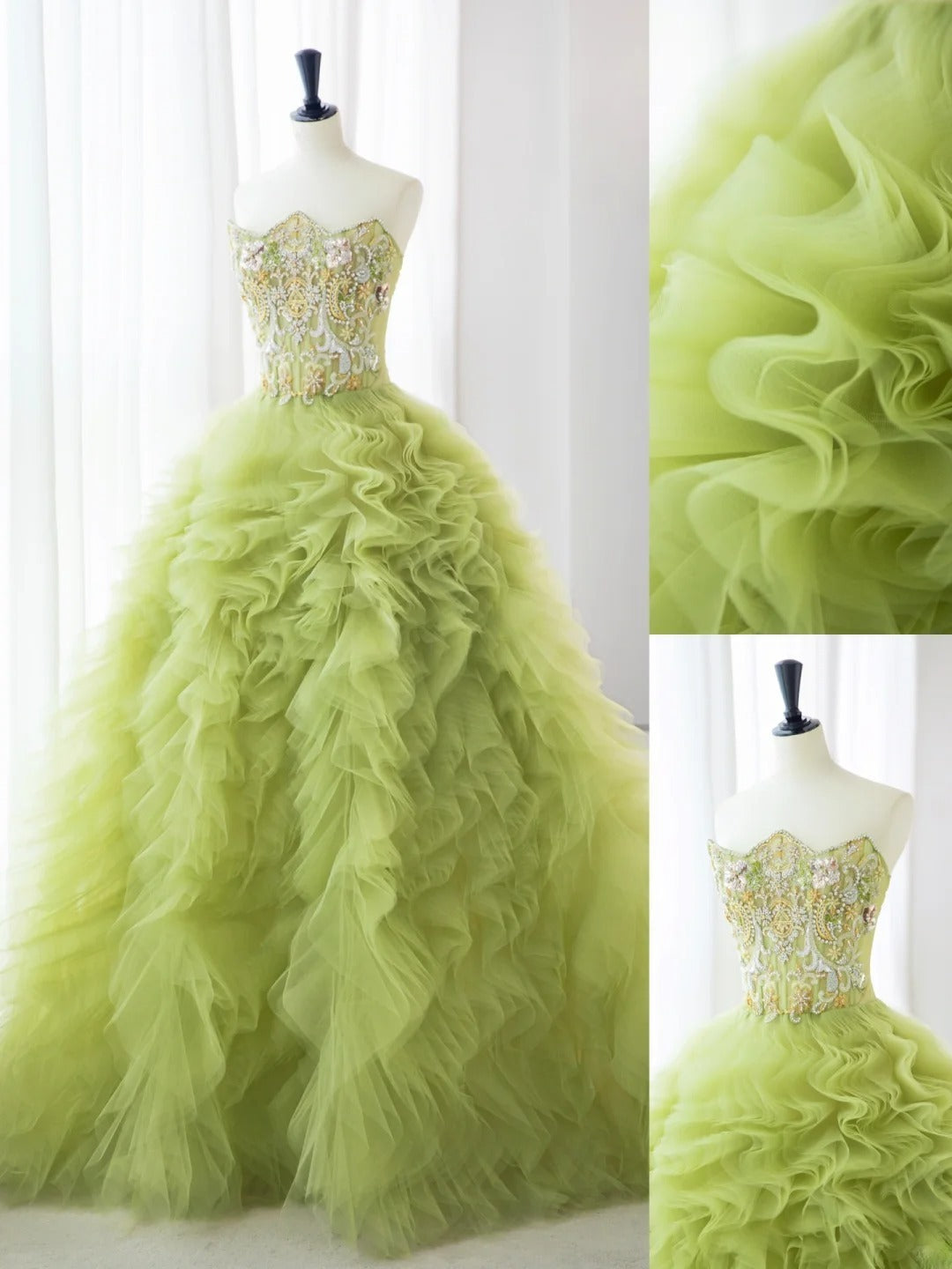 Pretty Prom Dresses Long A-Line Strapless Beading Ruffles Light Green Formal Dress MP239