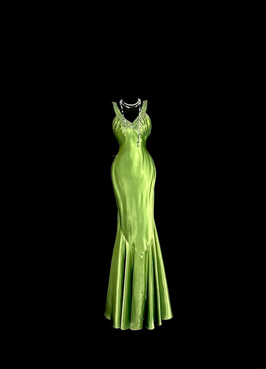 Vintage Long 50s Prom Dresses Green Mermaid V Neck With Beading Satin Formal Dress Graduation Gown MP373