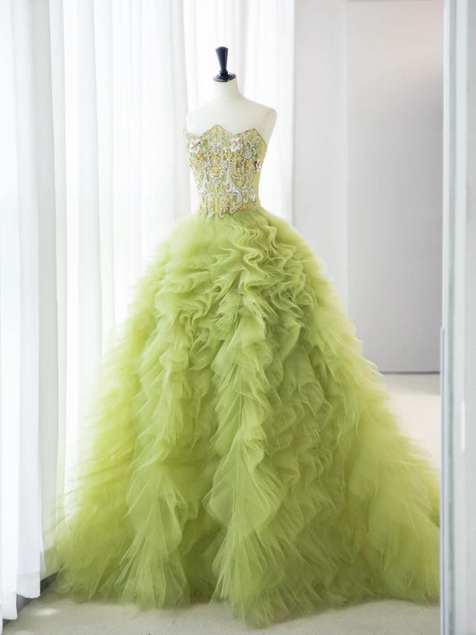 Pretty Prom Dresses Long A-Line Strapless Beading Ruffles Light Green Formal Dress MP239