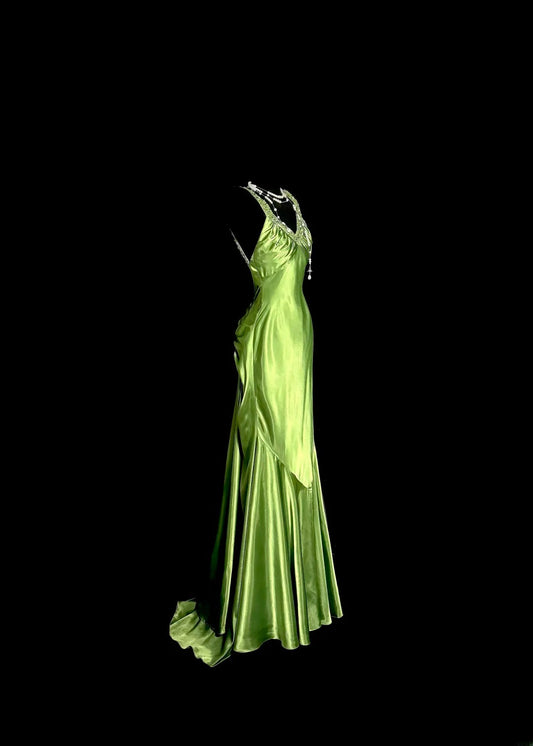 Vintage Long 50s Prom Dresses Green Mermaid V Neck With Beading Satin Formal Dress Graduation Gown MP373