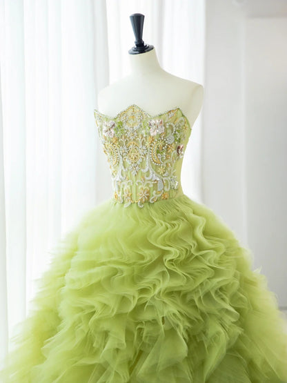 Pretty Prom Dresses Long A-Line Strapless Beading Ruffles Light Green Formal Dress MP239