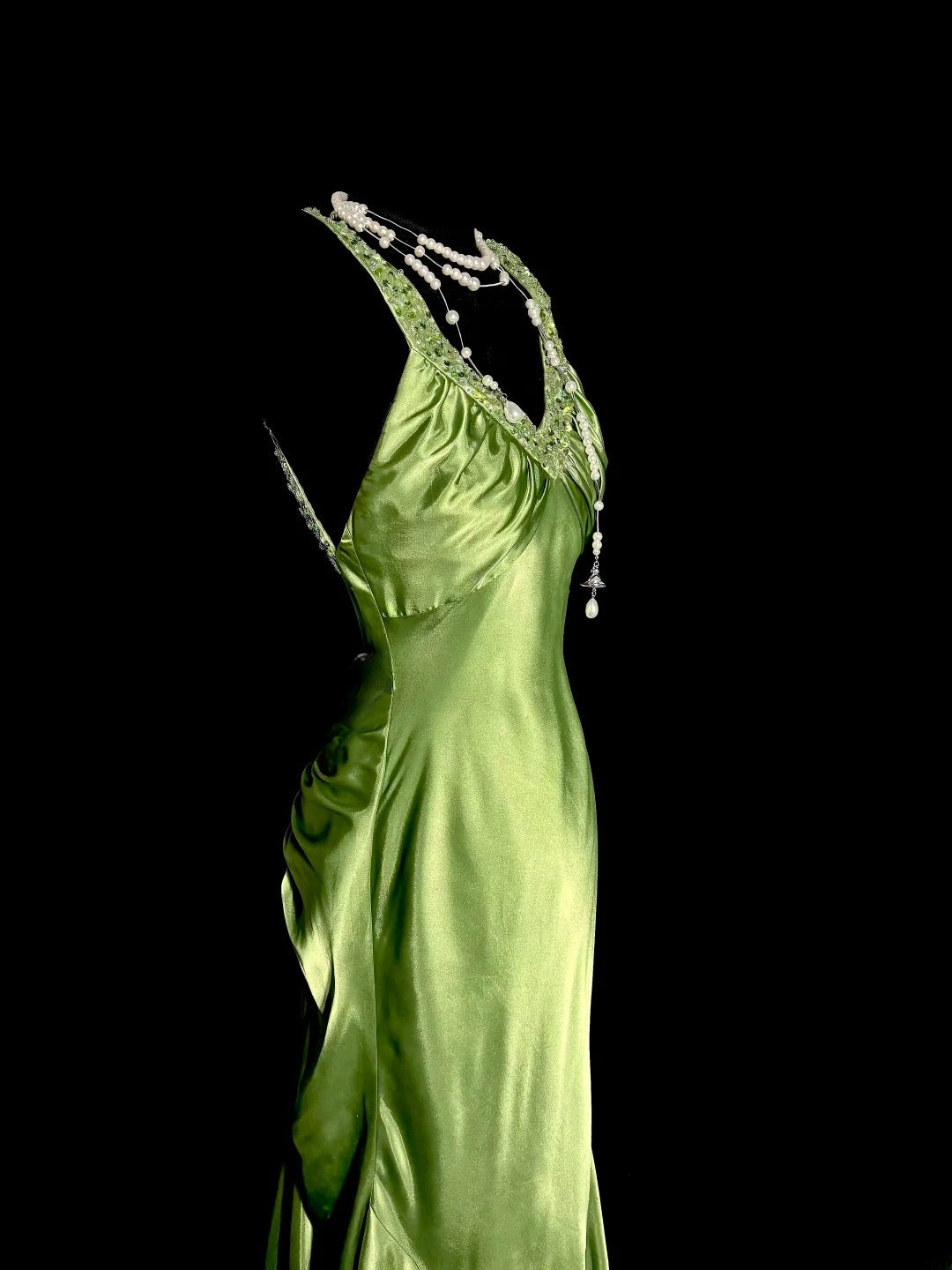 Longues robes de bal vintage années 50, sirène verte, col en V avec perles, robe de soirée en satin, robe de remise de diplôme MP373