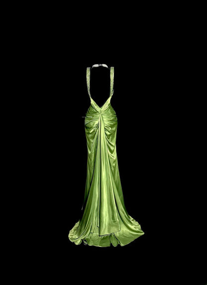 Longues robes de bal vintage années 50, sirène verte, col en V avec perles, robe de soirée en satin, robe de remise de diplôme MP373