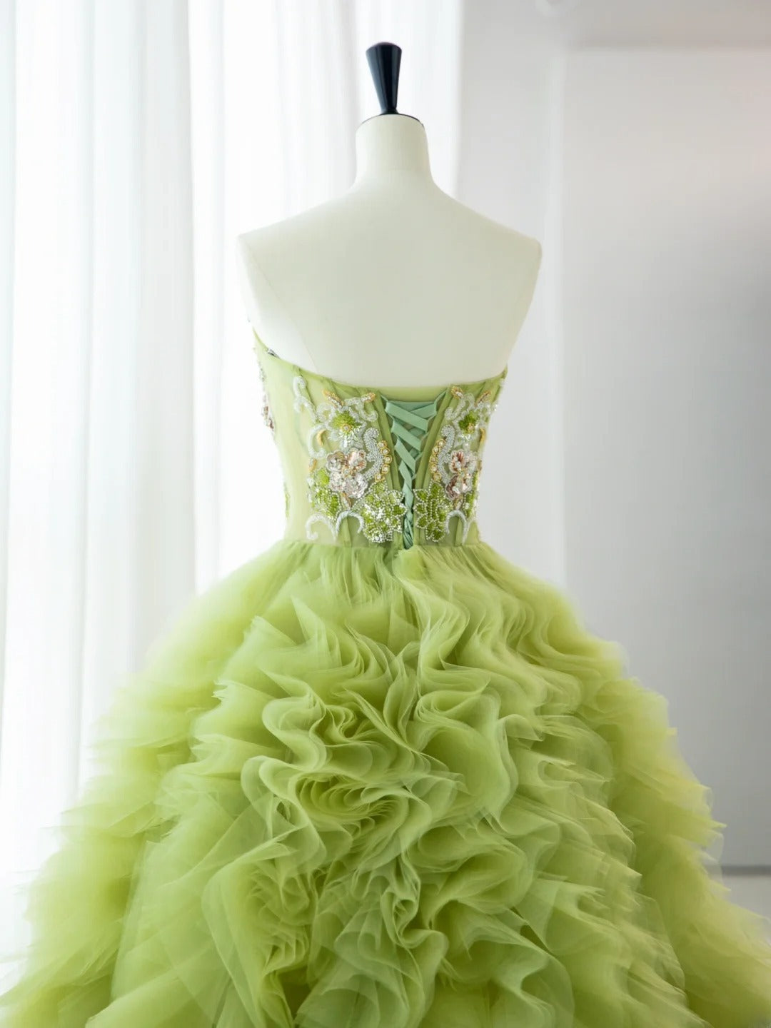 Pretty Prom Dresses Long A-Line Strapless Beading Ruffles Light Green Formal Dress MP239
