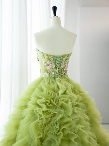 Pretty Prom Dresses Long A-Line Strapless Beading Ruffles Light Green Formal Dress MP239