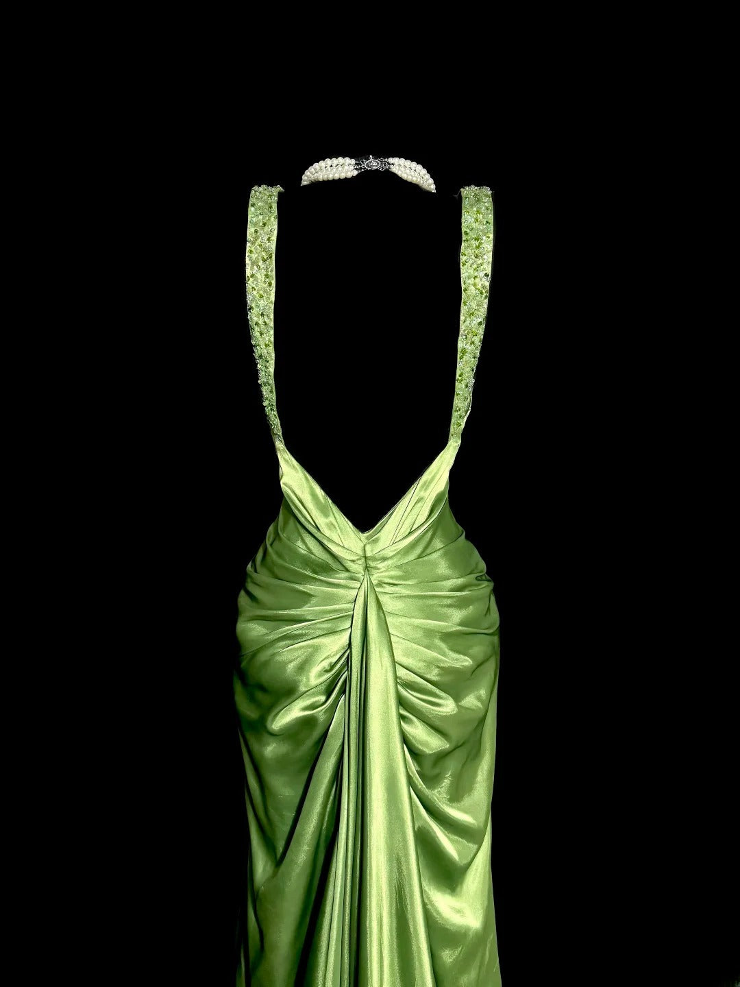 Longues robes de bal vintage années 50, sirène verte, col en V avec perles, robe de soirée en satin, robe de remise de diplôme MP373