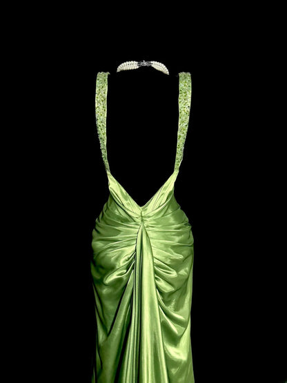 Longues robes de bal vintage années 50, sirène verte, col en V avec perles, robe de soirée en satin, robe de remise de diplôme MP373