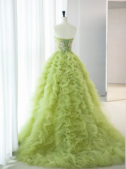 Pretty Prom Dresses Long A-Line Strapless Beading Ruffles Light Green Formal Dress MP239