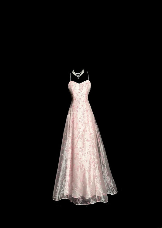Elegant Long Prom Dresses A Line Pink Satin Lace Formal Dress Graduation Gown MP374