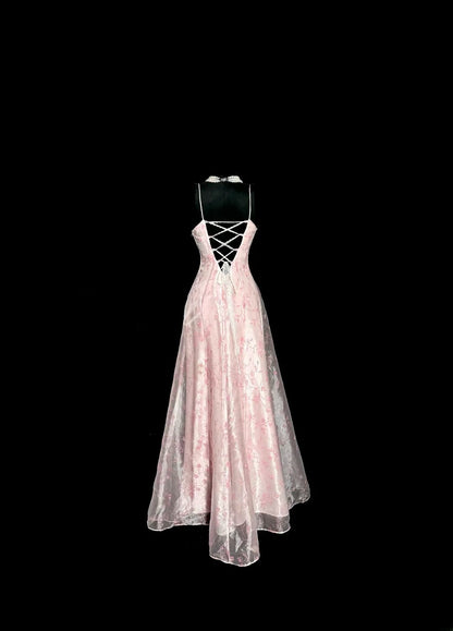 Elegant Long Prom Dresses A Line Pink Satin Lace Formal Dress Graduation Gown MP374