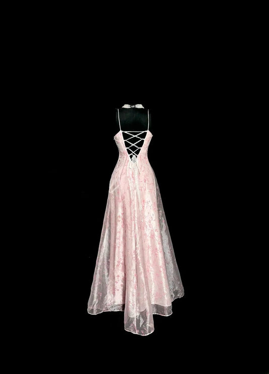Elegant Long Prom Dresses A Line Pink Satin Lace Formal Dress Graduation Gown MP374