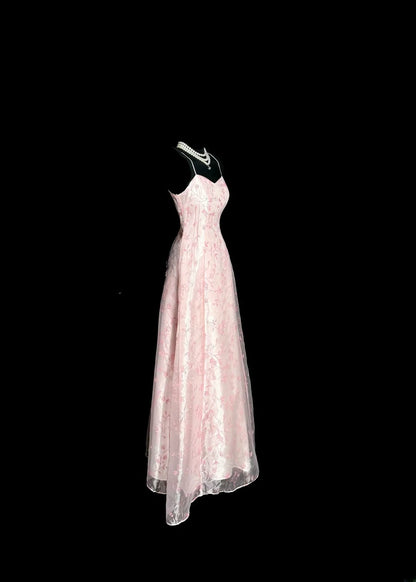 Elegant Long Prom Dresses A Line Pink Satin Lace Formal Dress Graduation Gown MP374
