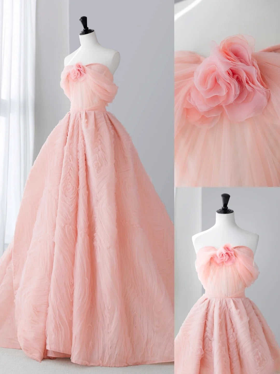 Long Prom Dresses Aesthetic A-Line Strapless Pale Pink Floral Formal Dress MP240