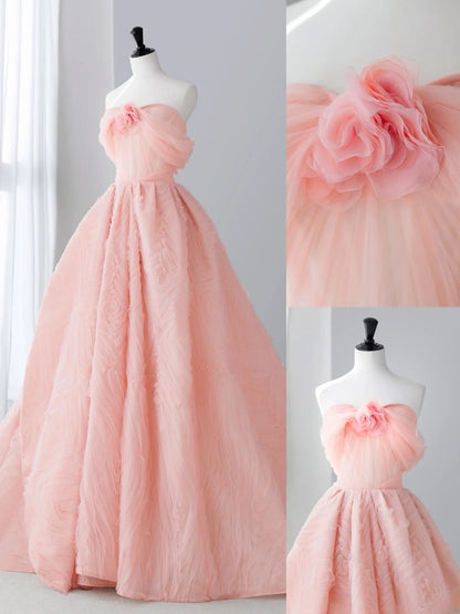 Long Prom Dresses Aesthetic A-Line Strapless Pale Pink Floral Formal Dress MP240