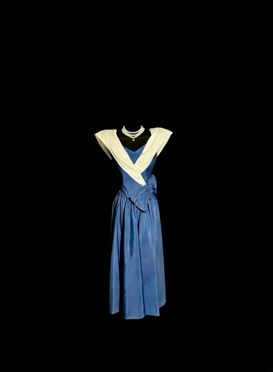 Elegant Mid Length Prom Dresses A Line Blue Satin Formal Dress Graduation Gown MP375