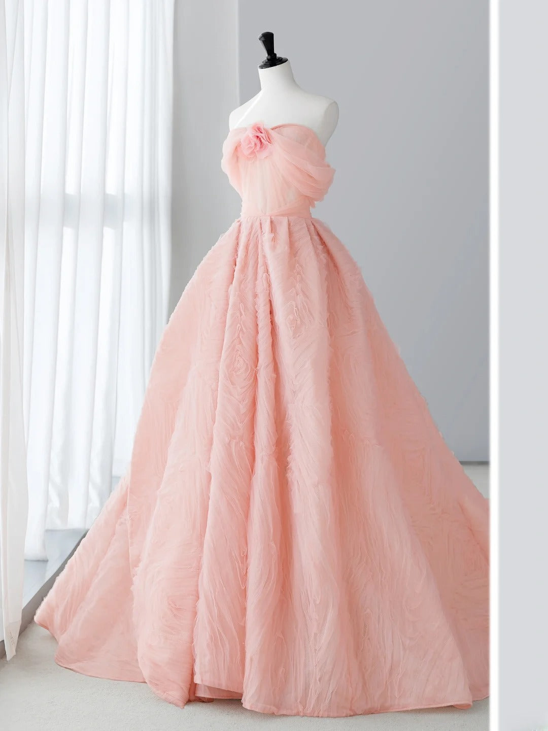 Long Prom Dresses Aesthetic A-Line Strapless Pale Pink Floral Formal Dress MP240