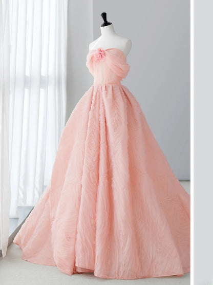 Long Prom Dresses Aesthetic A-Line Strapless Pale Pink Floral Formal Dress MP240