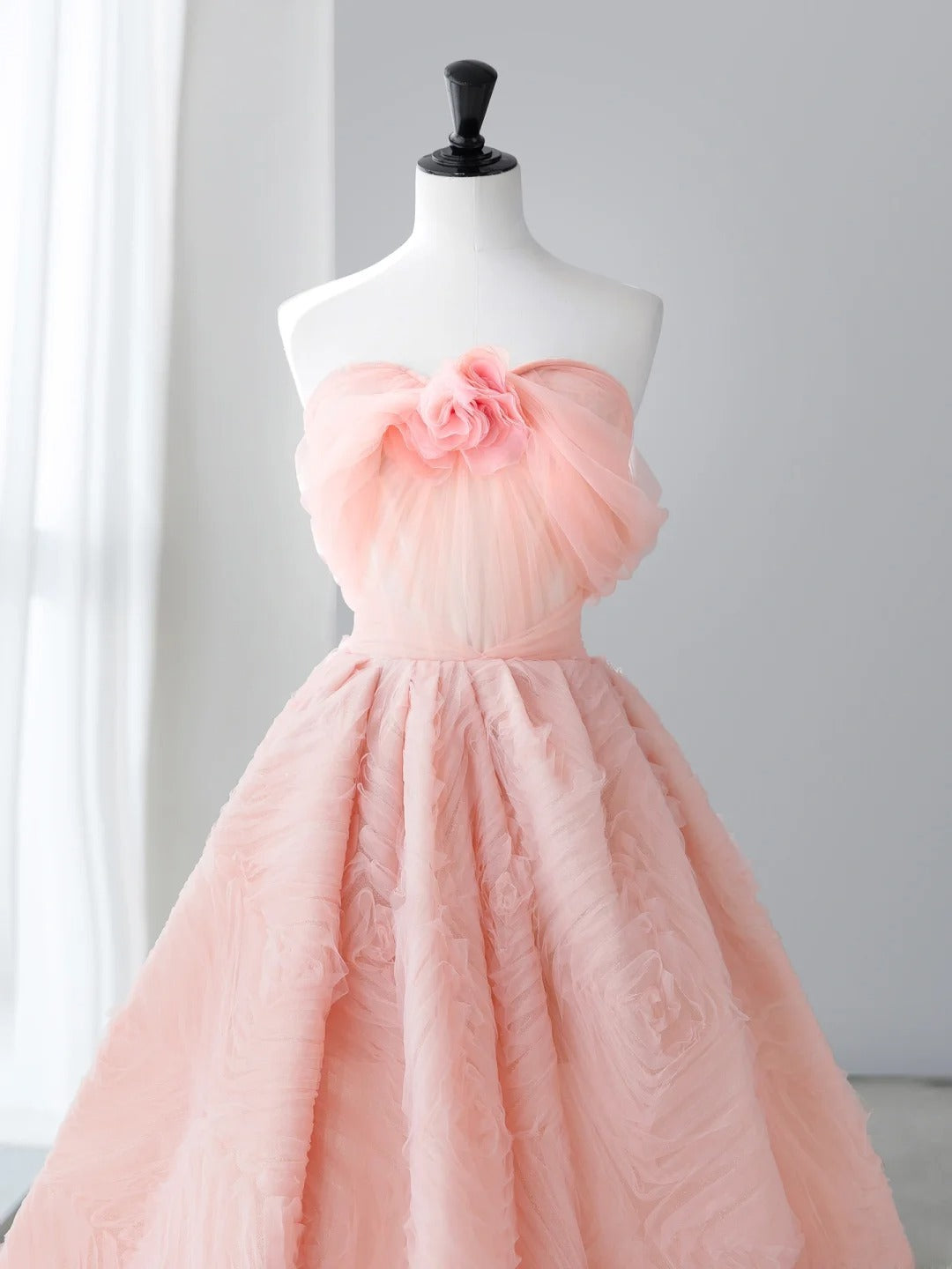 Long Prom Dresses Aesthetic A-Line Strapless Pale Pink Floral Formal Dress MP240