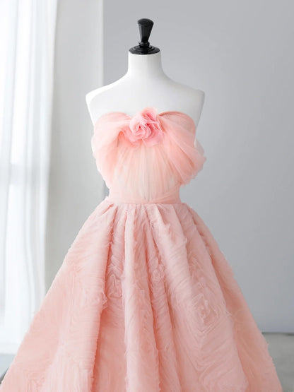 Long Prom Dresses Aesthetic A-Line Strapless Pale Pink Floral Formal Dress MP240