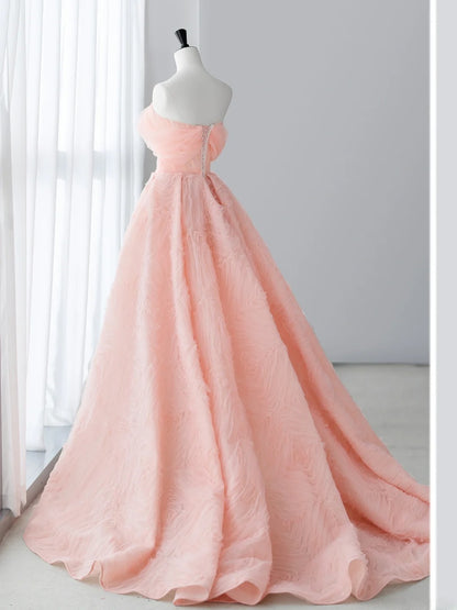 Long Prom Dresses Aesthetic A-Line Strapless Pale Pink Floral Formal Dress MP240