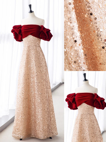 Princess Prom Dresses Red & Apricot Off-Shoulder A-Line Sequins Evening Dress MP241