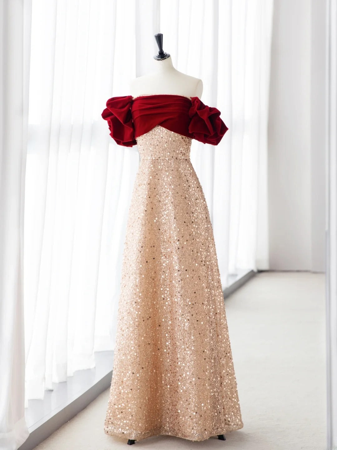 Princess Prom Dresses Red & Apricot Off-Shoulder A-Line Sequins Evening Dress MP241