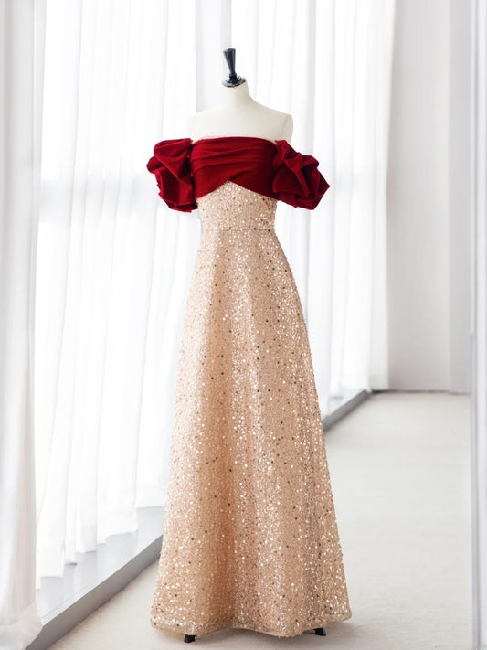 Princess Prom Dresses Red & Apricot Off-Shoulder A-Line Sequins Evening Dress MP241