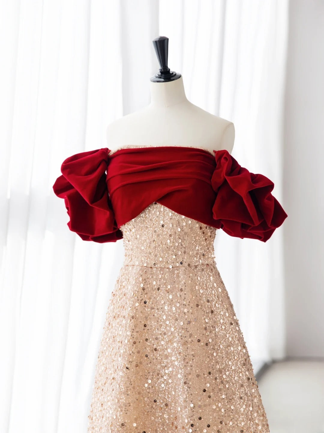 Princess Prom Dresses Red & Apricot Off-Shoulder A-Line Sequins Evening Dress MP241