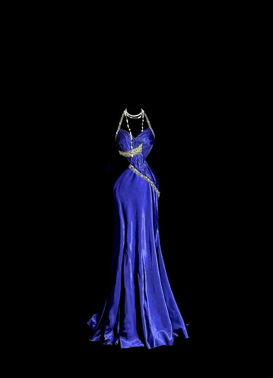 Vintage Long 80s Prom Dresses Royal Blue Mermaid Halter With Beading Satin Formal Dress Graduation Gown MP376